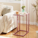 C Shaped End Table, Side End Tables for Living Room,Glass Sofa Couch Table with Metal Frame, Small Tv Tray Snack Dinner Table for Bedroom, Small Spaces, Easy Assembly (Pink)