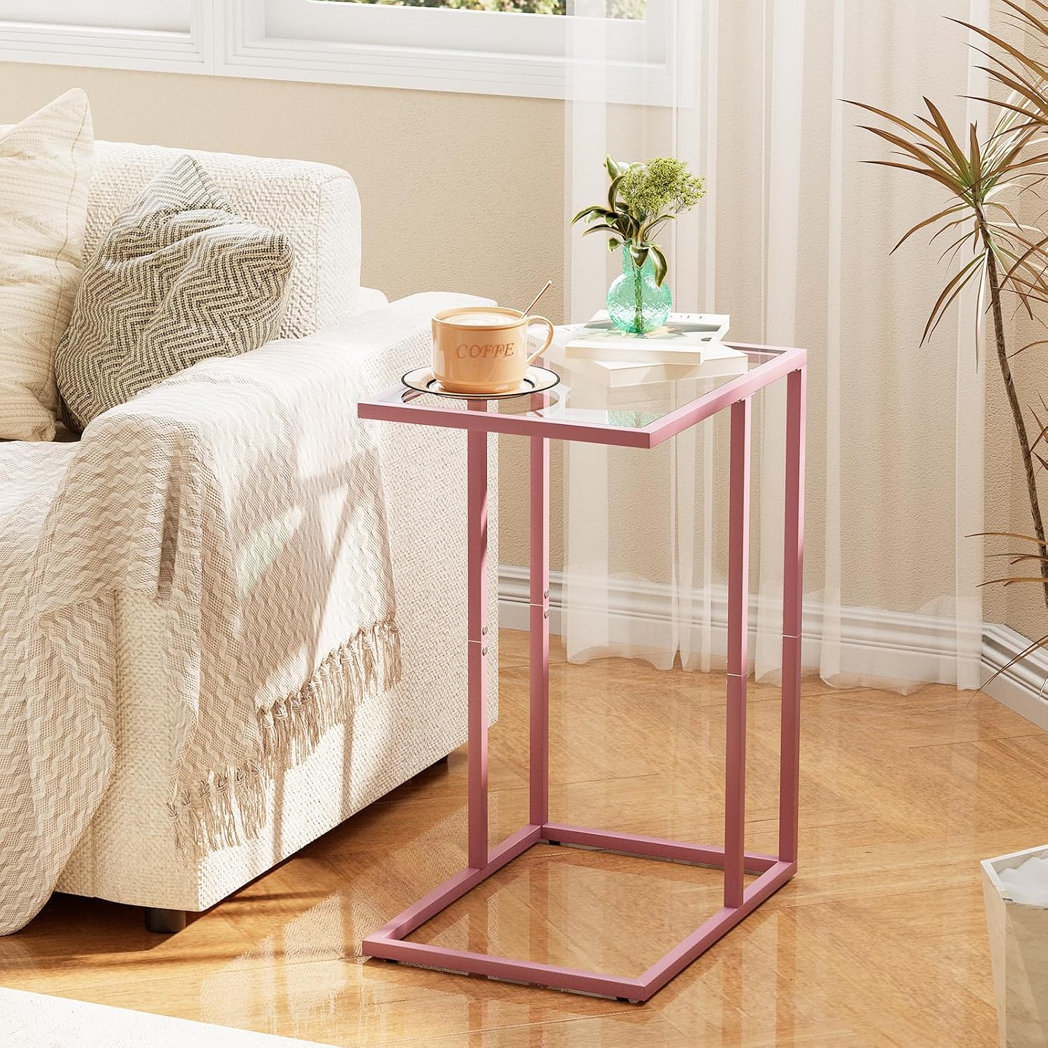 C Shaped End Table, Side End Tables for Living Room,Glass Sofa Couch Table with Metal Frame, Small Tv Tray Snack Dinner Table for Bedroom, Small Spaces, Easy Assembly (Pink)