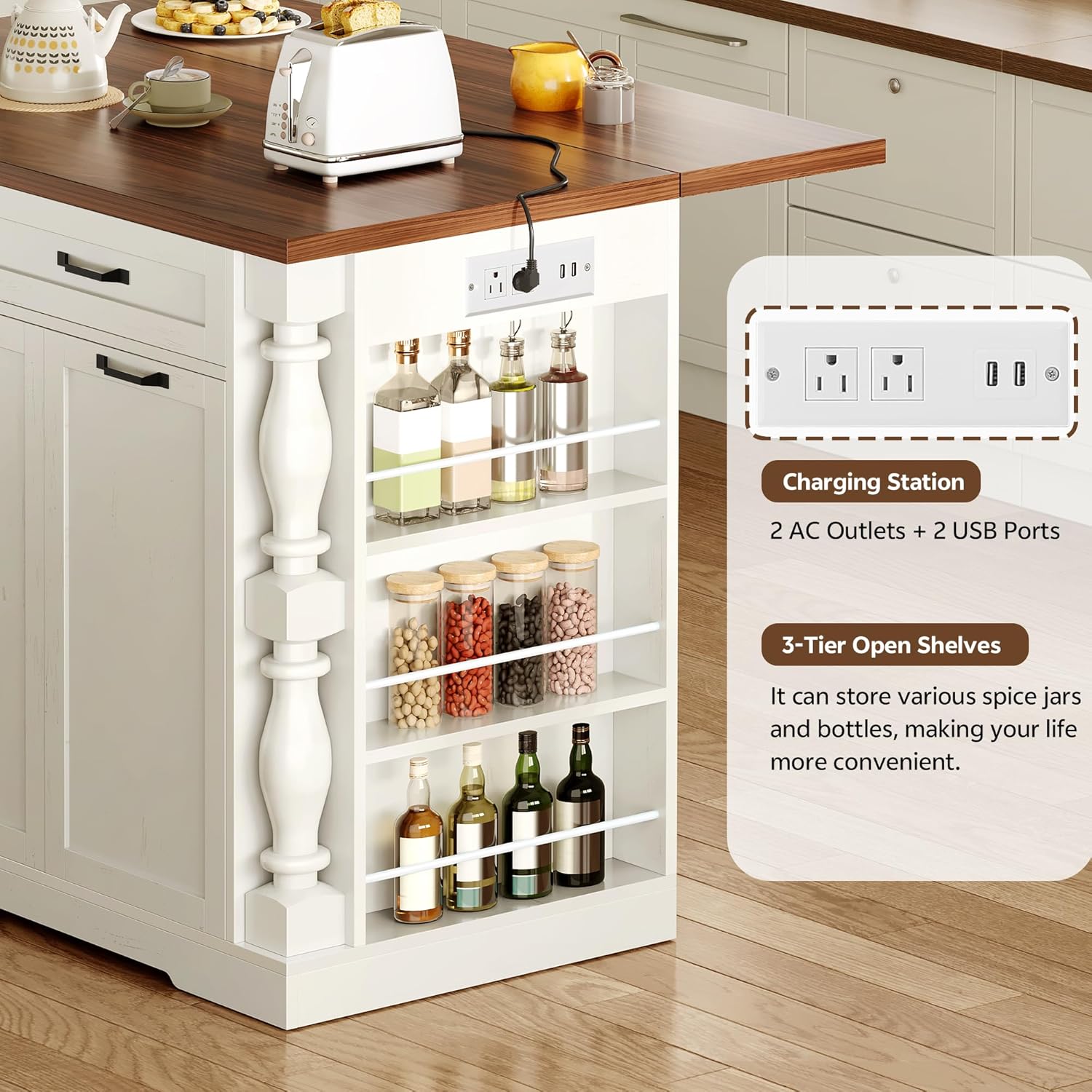 Kitchen Island with Drop Leaf, 47.6" Kitchen Island with Storage | with Power Outlet & Trash Bin Rolling Kitchen Cart with Spice Rack Island Table for Kitchen Breakfast Home Bar, Antique White