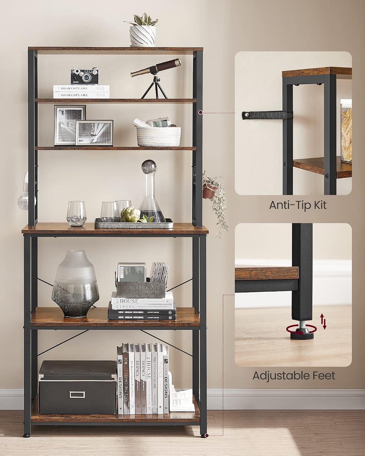 VASAGLE Coffee Bar, 31.5 Inches Baker's Rack for Kitchen with Storage, 6-Tier Kitchen Shelves with 6 Hooks, Microwave Stand, Industrial, Rustic Brown and Ink Black UKKS019B01
