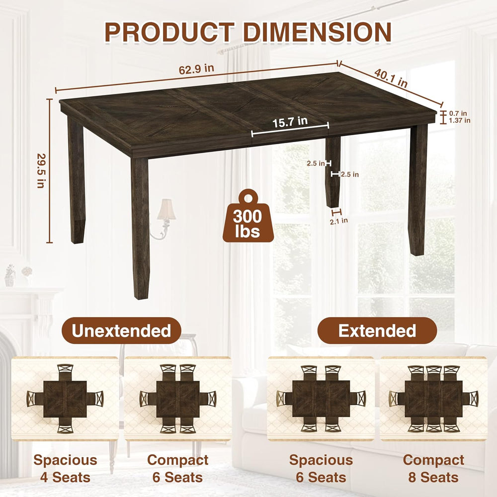 47.2in-63in Solid Wood Extendable Dining Table for 4-8, Unique Wood Grain, Mo...