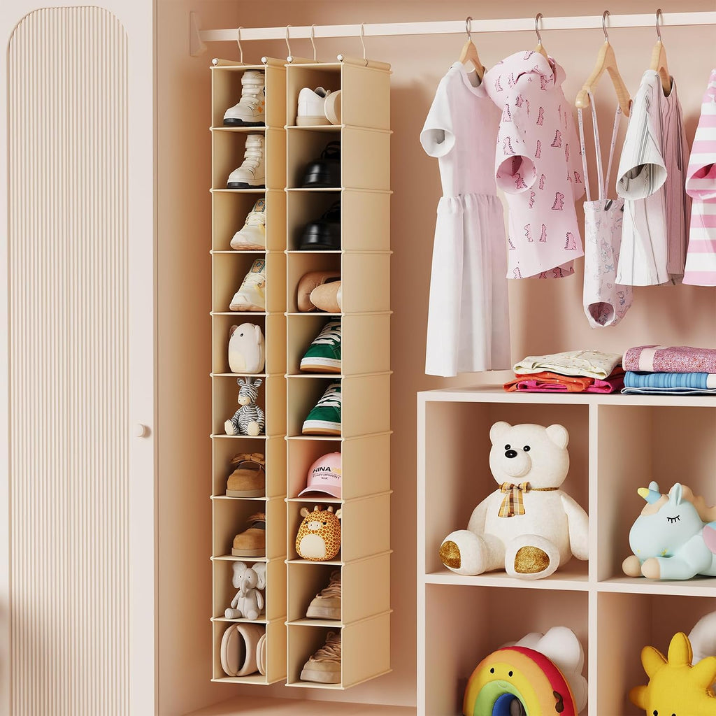 MAX Houser 10-Shelf Hanging Shoe Shelf Organizer for Closet Beige | Foldable Hanging Shoe Storage Shelf with 2 Metal Hooks, Space Saving Storage for Narrow Space