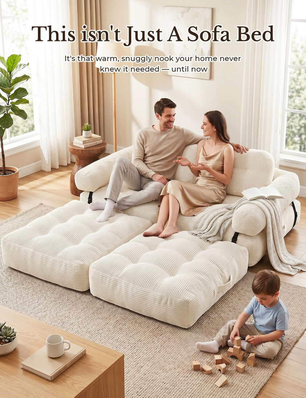 Folding Sofa Bed, L-Shaped Couch Back Support and Arm Pillow Futon | Converti...