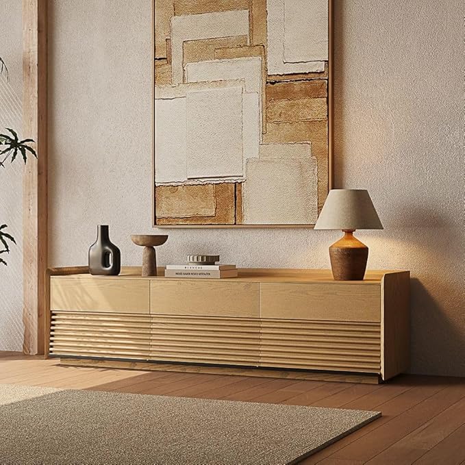 POVISON 71" Fully Assembled Mid Century Modern TV Stand with LED Lights, Media Console with 6 Drawers, Wood Slatted Entertainment Center, No Assembly Required, Fits 65-75 Inch TV