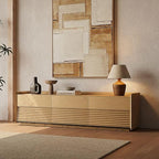 POVISON 71" Fully Assembled Mid Century Modern TV Stand with LED Lights, Media Console with 6 Drawers, Wood Slatted Entertainment Center, No Assembly Required, Fits 65-75 Inch TV