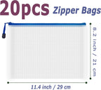 AUSTARK 20 Pcs Zipper File Bags, Plastic Mesh Pouch, Board Game Storage Bag, Waterproof Bags for Office School (B5 Size 11.4''x8.2'', White and Blue)