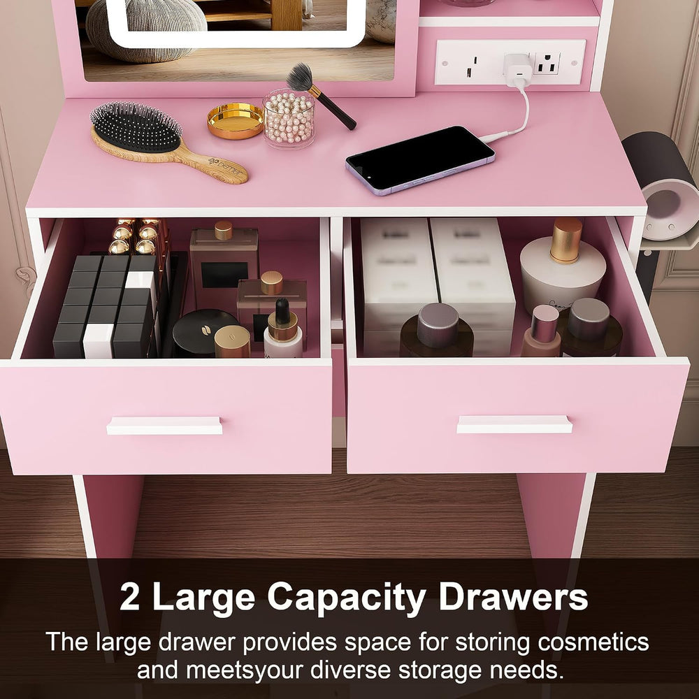 Small Vanity Desk Set with Mirror and Adjustable LED Lights, Compact Pink Dre...