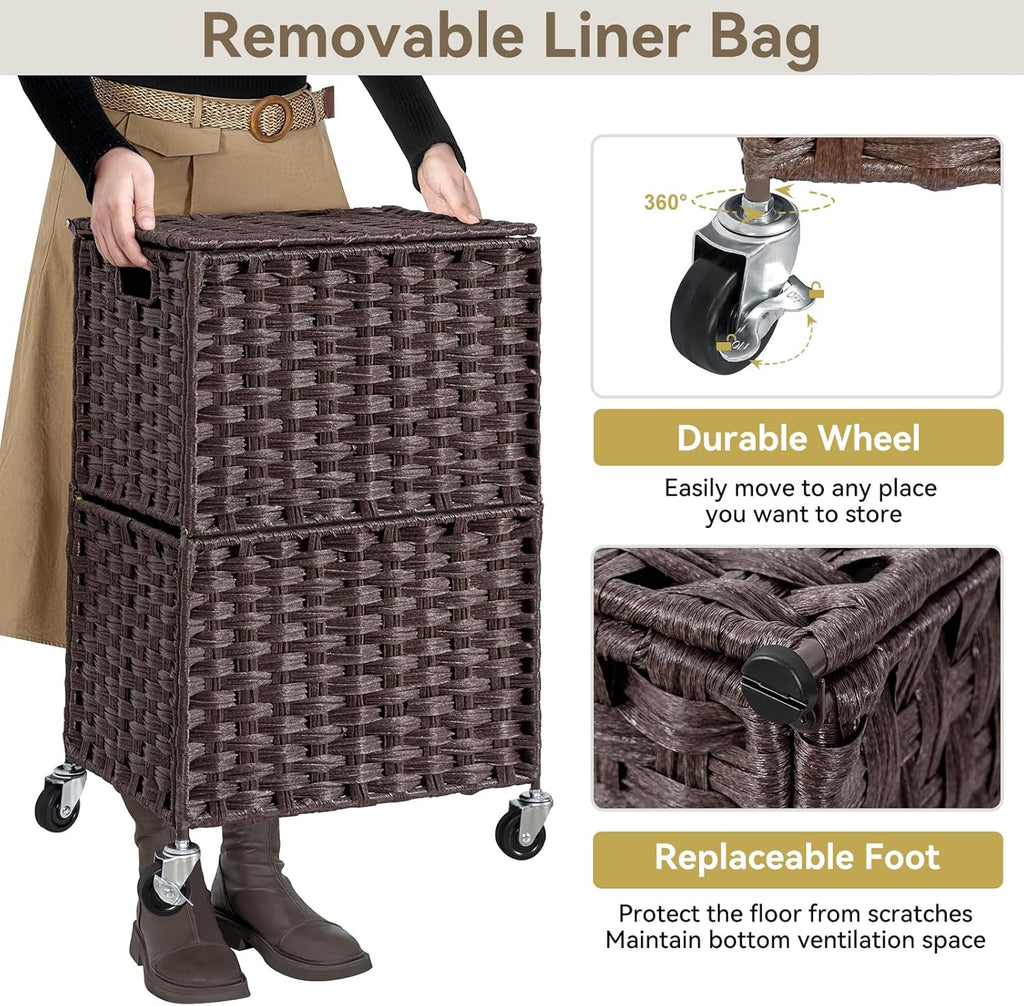 Chrislley 90L Slim Laundry Hamper with Wheels, Rolling Laundry Basket with Lid and Renovable Liner Bag, Handwoven Rattan Organizer for bedroom, bathroom, laundry room (Brown)