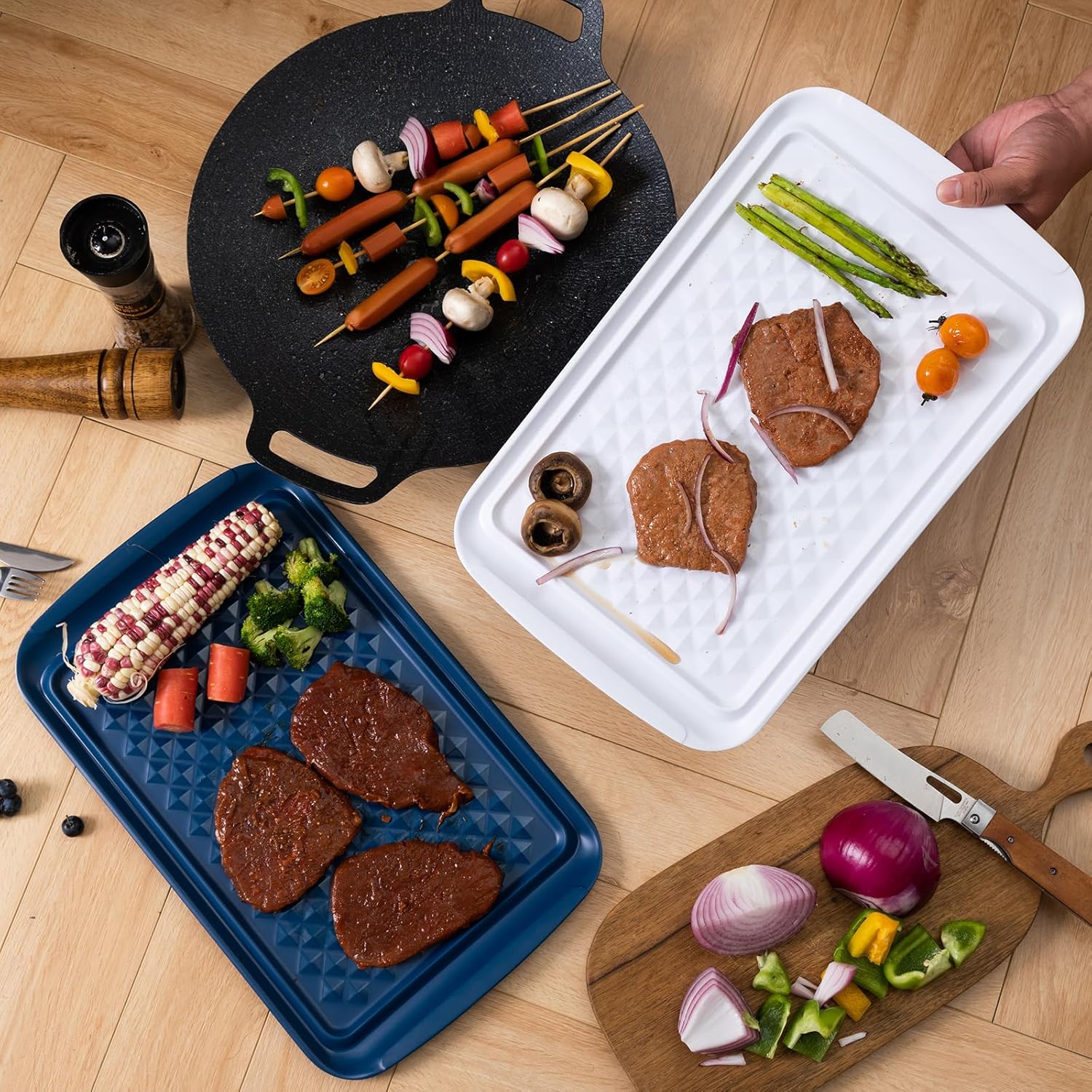 LEHAHA Grilling Prep Trays, Melamine BBQ Prep and Serving Platter and Tray for Outdoor Entertaining, Food Serving Tray, Set of 2, 17" x 10.5", Blue and White