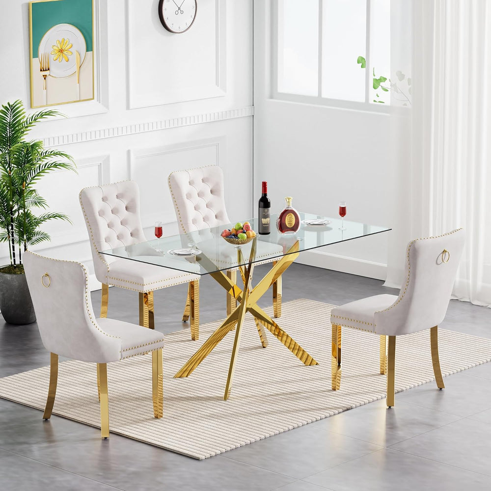 51" Modern Gold Glass Dining Room Table Set for 4, 5-Piece Rectangle Kit...