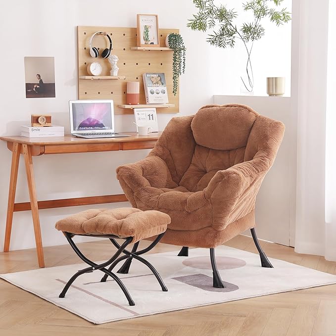 Welnow Lazy Chair with Ottoman, Modern Lounge Accent Chair with Armrests and a Side Pocket, Leisure Sofa Armchair, Reading Armchair with Footrest for Small Space, Plush Brown