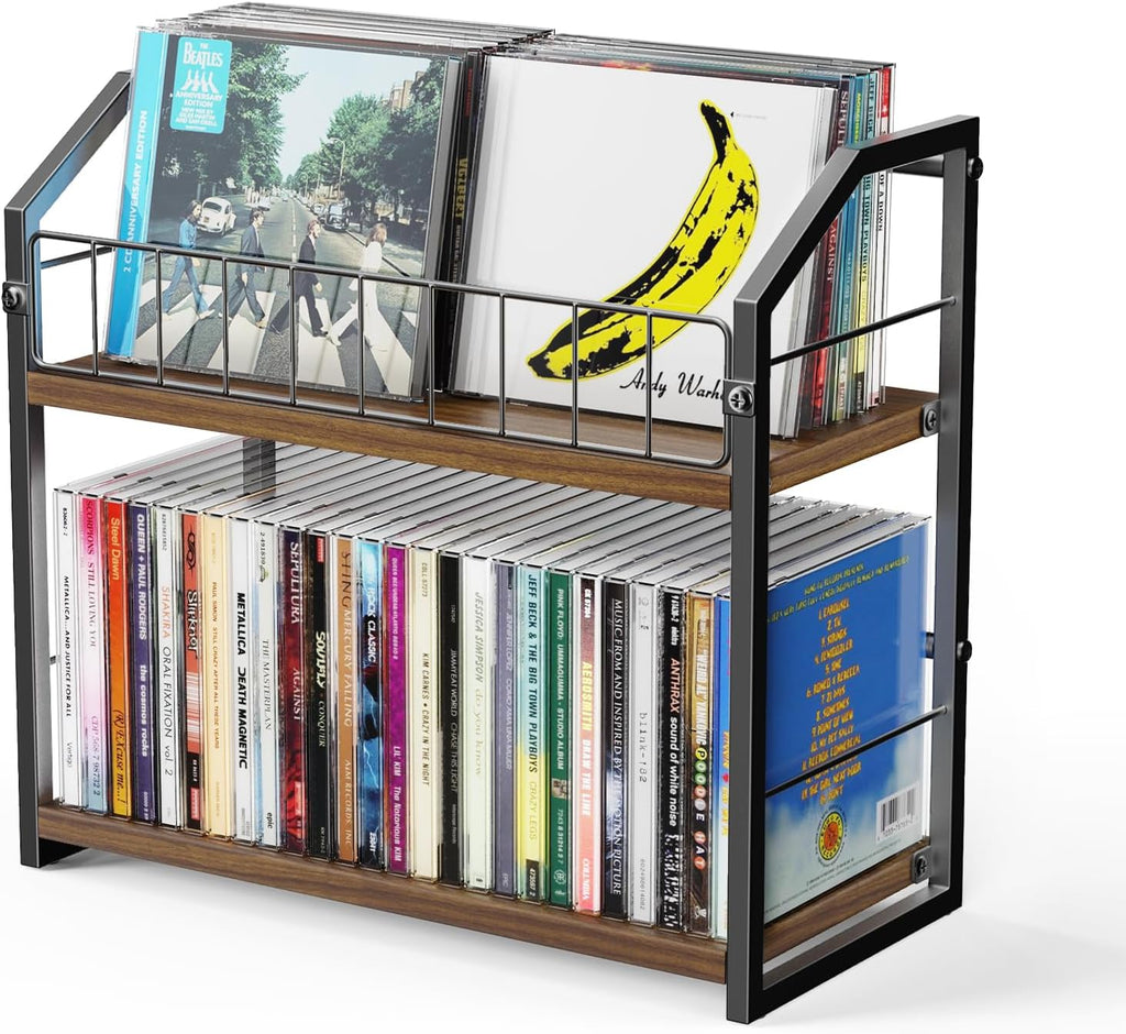2-Tier CD Holder, CD Storage Rack for Display, CD Organizer with Rubber Feet, Stores Up to 60 CDs for Shelf Storage and Organization, for Music Enthusiasts and Collector Walnut