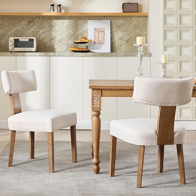 Modern Dining Chairs Set of 6, Upholstered Kitchen Chair with Curved Back, Farmhouse Linen Fabric Dining Room Chairs Modern Wood Chairs for Living Room/Home Office/Reception, Beige