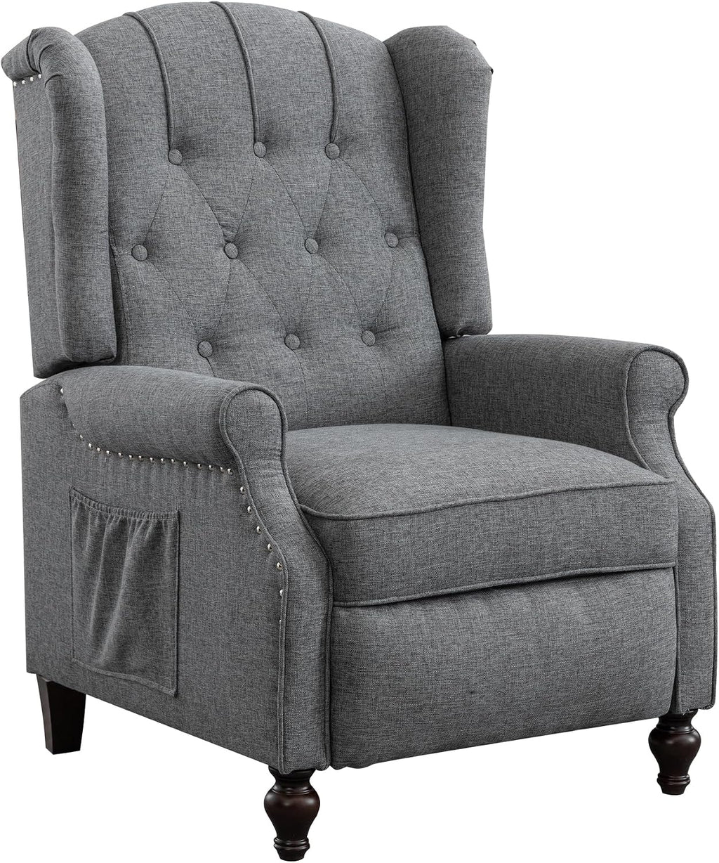 Pushback Recliner Chair Set of 2, Linen Tufted Armchairs with Massage & Heat, Mid-Century Modern Wingback Accent Chairs for Living Room, Small Space (Light Grey, 2PC)