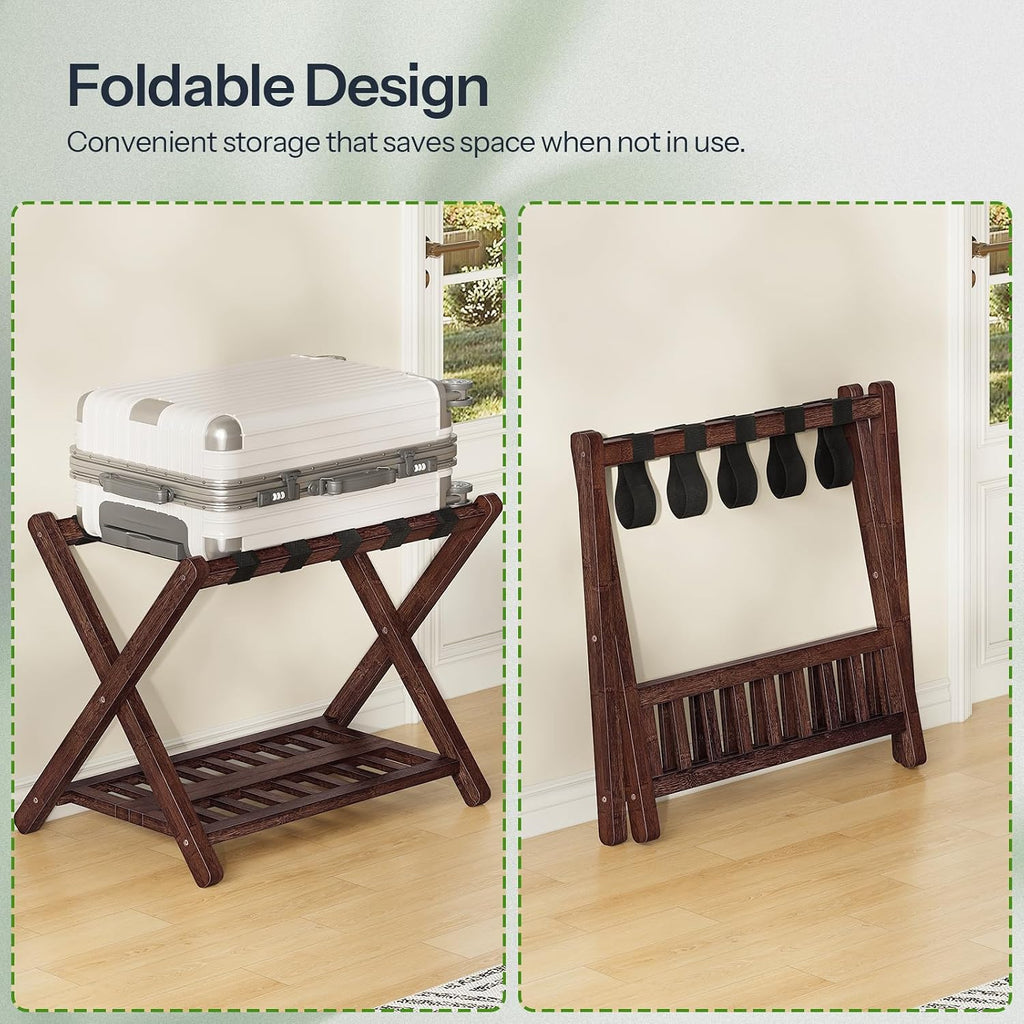 HOOBRO Luggage Racks, Set of 2 Bamboo Suitcase Stands, Folding Luggage Holders, Nylon Strap Support Top, for Guest Room, Hotel, Bedroom, Closet, Dark Brown BR18XLP201
