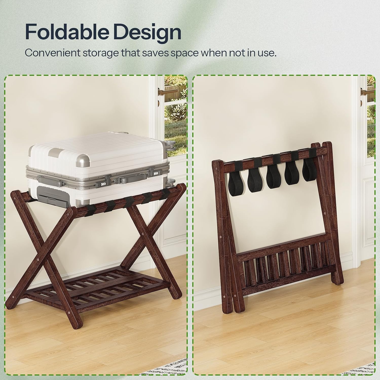 HOOBRO Luggage Racks, Set of 2 Bamboo Suitcase Stands, Folding Luggage Holders, Nylon Strap Support Top, for Guest Room, Hotel, Bedroom, Closet, Dark Brown BR18XLP201