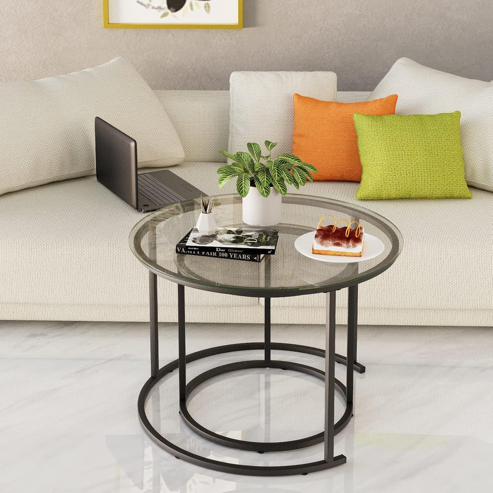 Nesting Coffee Table Set of 2,Modern Black Tempered Glass Side Table, Metal F...