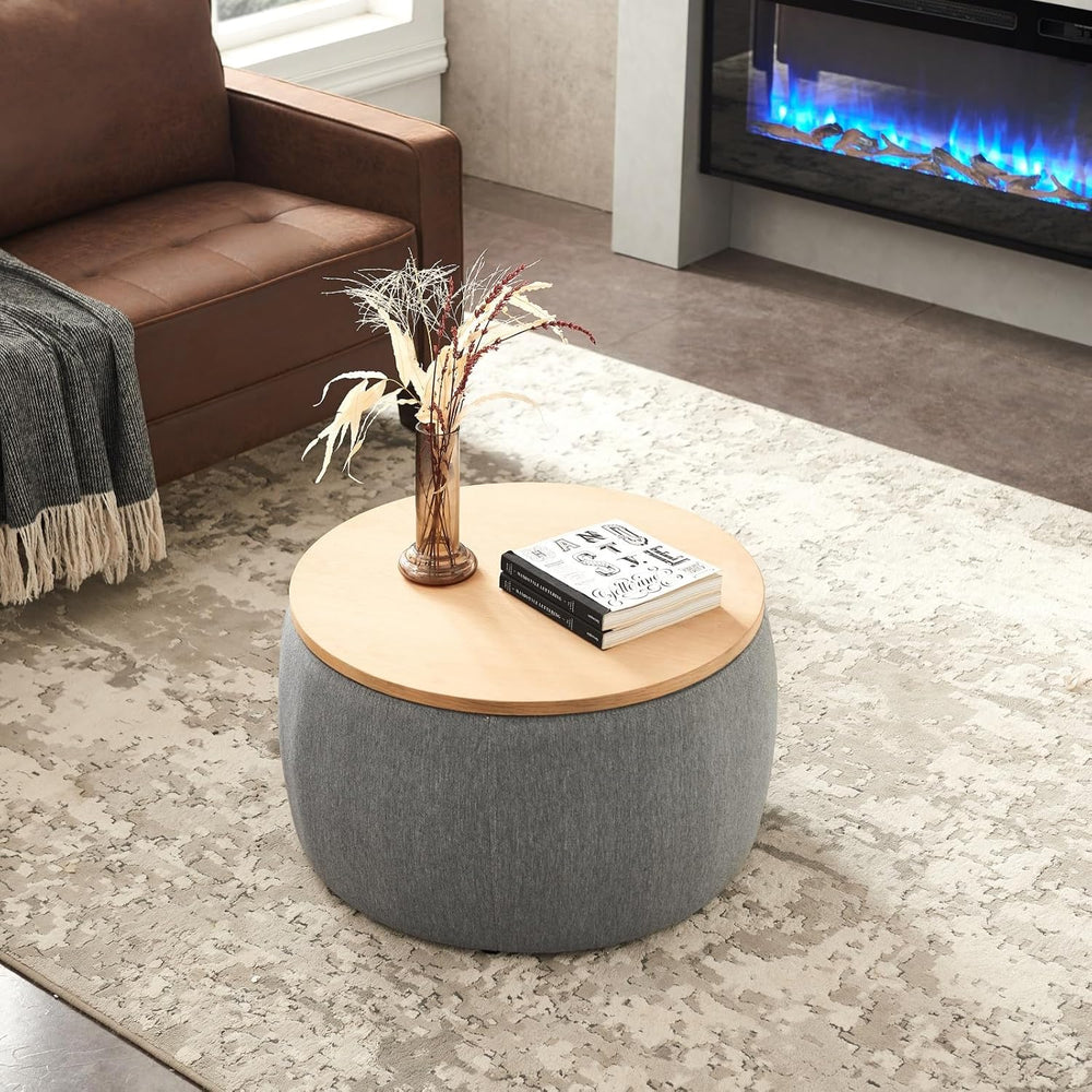 Round Storage Ottoman, 2 in 1 Function, Work as End Table and Ottoman, Dark G...
