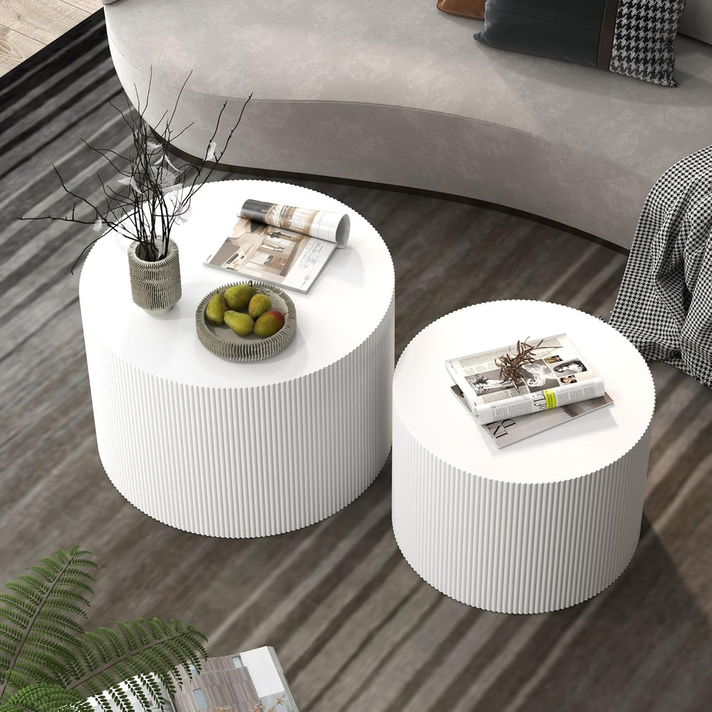Nesting Coffee Table Set of 2, Round Wood Accent Table, White | Modern Wooden...