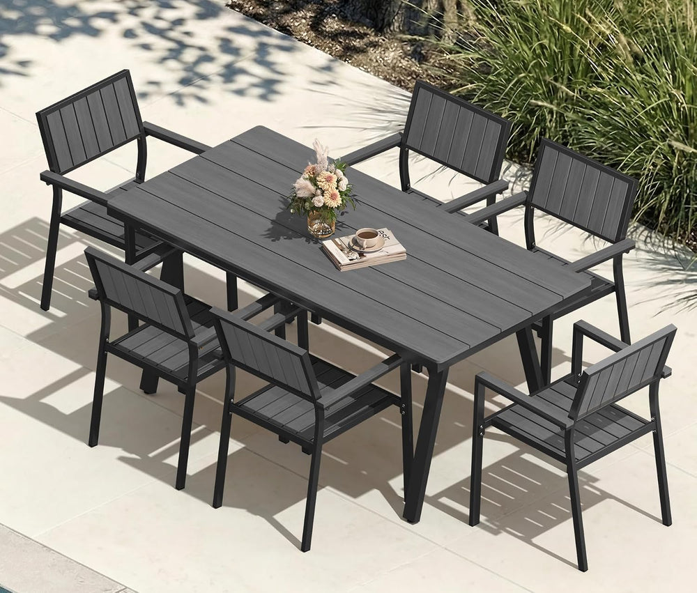 Aluminum Outdoor Dining Set of 6, Patio Table and Stackable Chairs, Grey