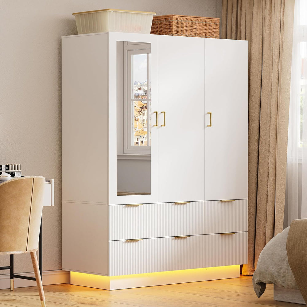 PAKASEPT Armoire Wardrobe Closet with 3 Door, Mirror, LED Lights | Hanging Ro...