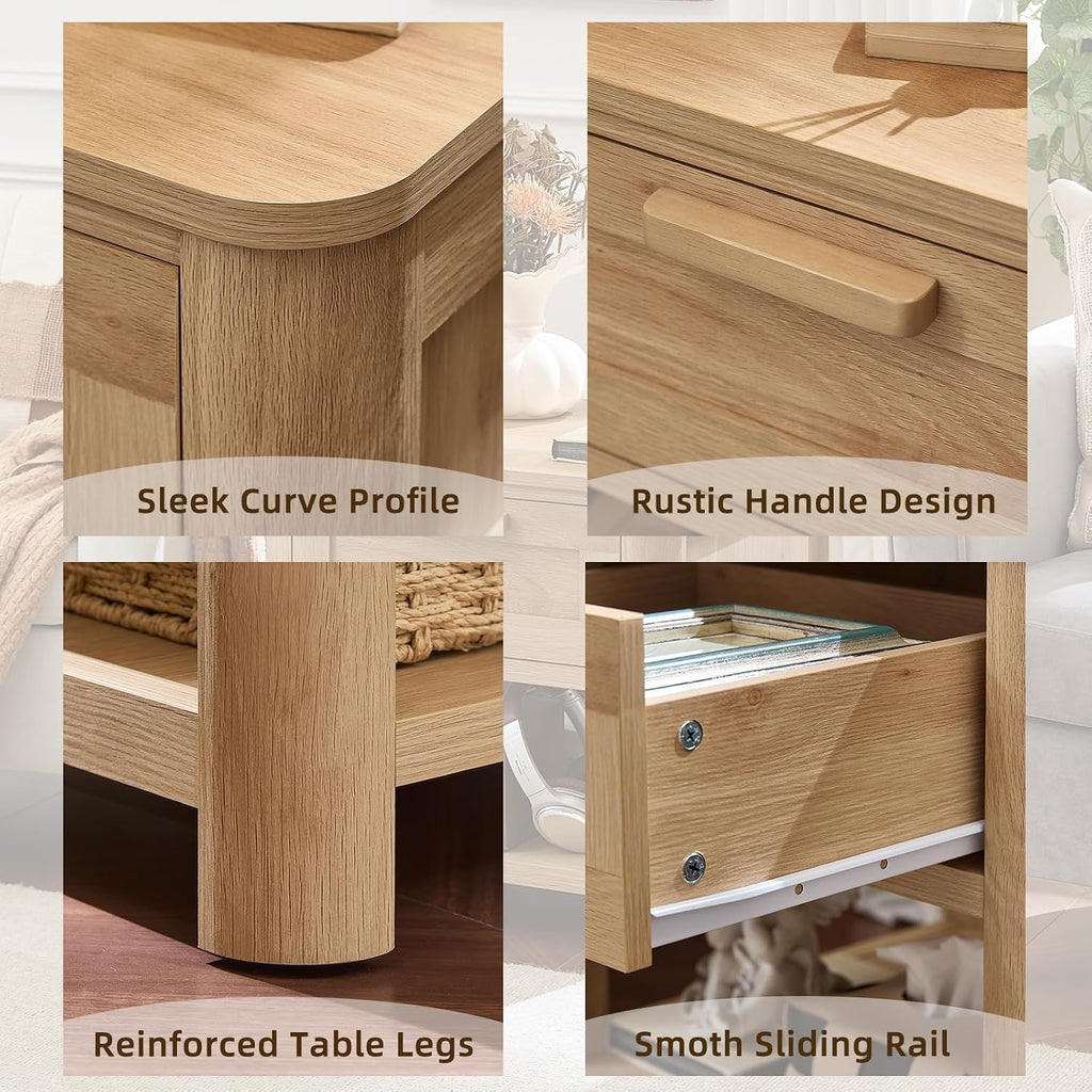 Joaxswe Farmhouse Side Table Set of 2 Living Room, Natural Wood | Small Nightstand with 1 Drawers & Open Shelving & 4 Thickened Table Legs & Rounded Corners