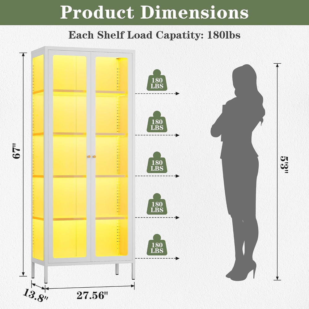 Lucky Monet 5-Tier Display Cabinet with 12 Color Lights & Glass Doors, 67...