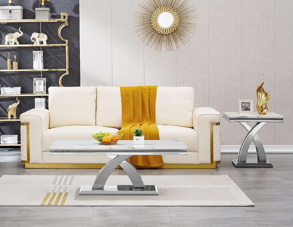 Henf 3-Piece Living Room Table Set for Home Office, Faux Marble White Coffee ...