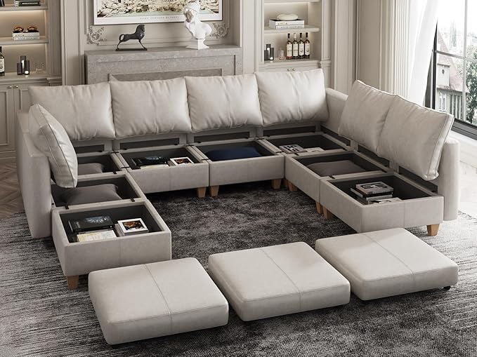 EASE MOOSE Modular Sofa Sectional Couch with Storage Ottomans,U Shaped Faux Leather Sectional Modular Couch