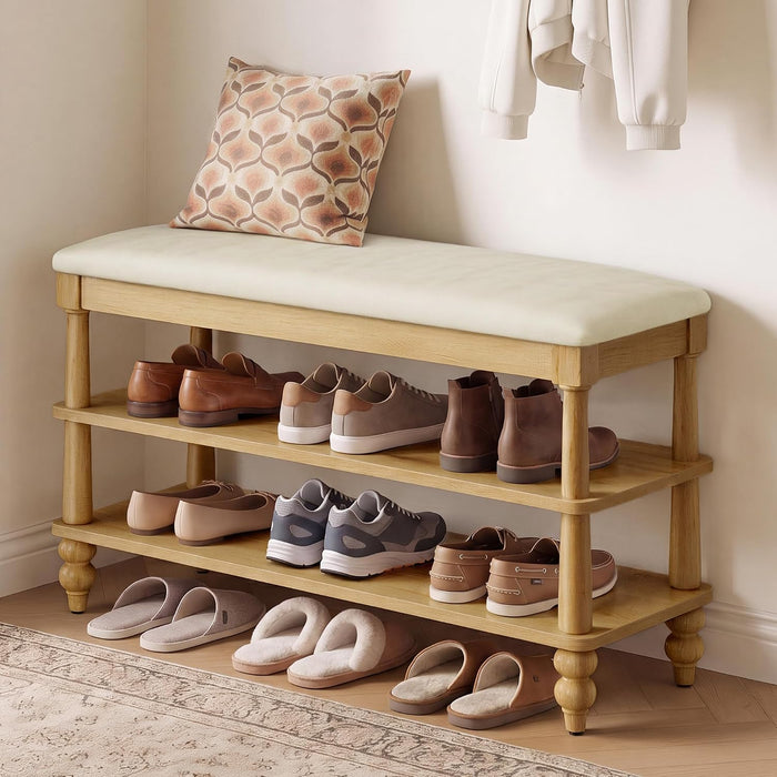 VASAGLE Mariel Collection - Shoe Bench, Wooden Entryway Bench with Padded Seat, 2-Tier Shoe Storage Rack, 31.5 x 11.6 x 19.7 inches, for Entryway and Bedroom, Natural Brown ULSB180K101S