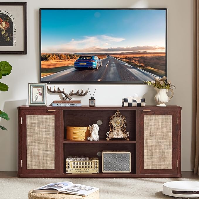 LEYAOYAO Rattan TV Stands for Living Room, Boho Entertainment Center with Storage and Open Shelf, Wood Media Console for 50-65 Inch TV, Walnut