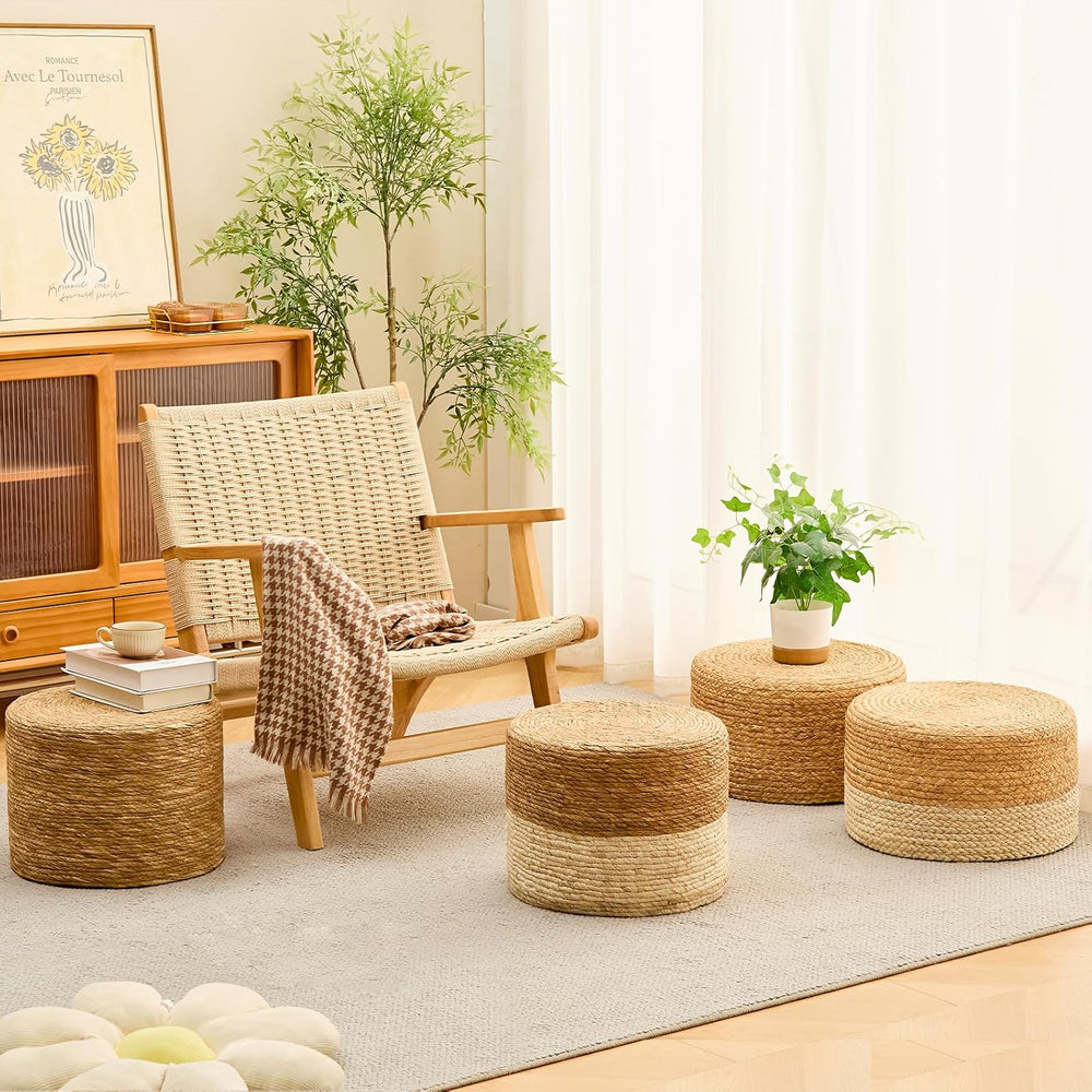 Wimarsbon Round Pouf Ottoman, Natural Hand Knitted Footrest Poof, Rustic Loun...