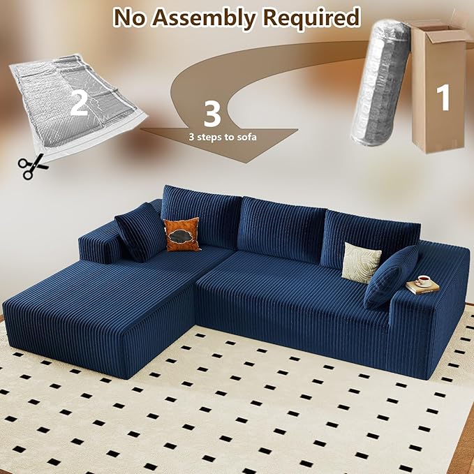 96" Modular Sectional Couch, Boneless L Shaped Cloud Sofa with Chaise Lounge, Corduroy Upholstered Couches Memory Foam Deep Seat, No Assembly Required, Ideal for Living Room(Blue, Left Facing)