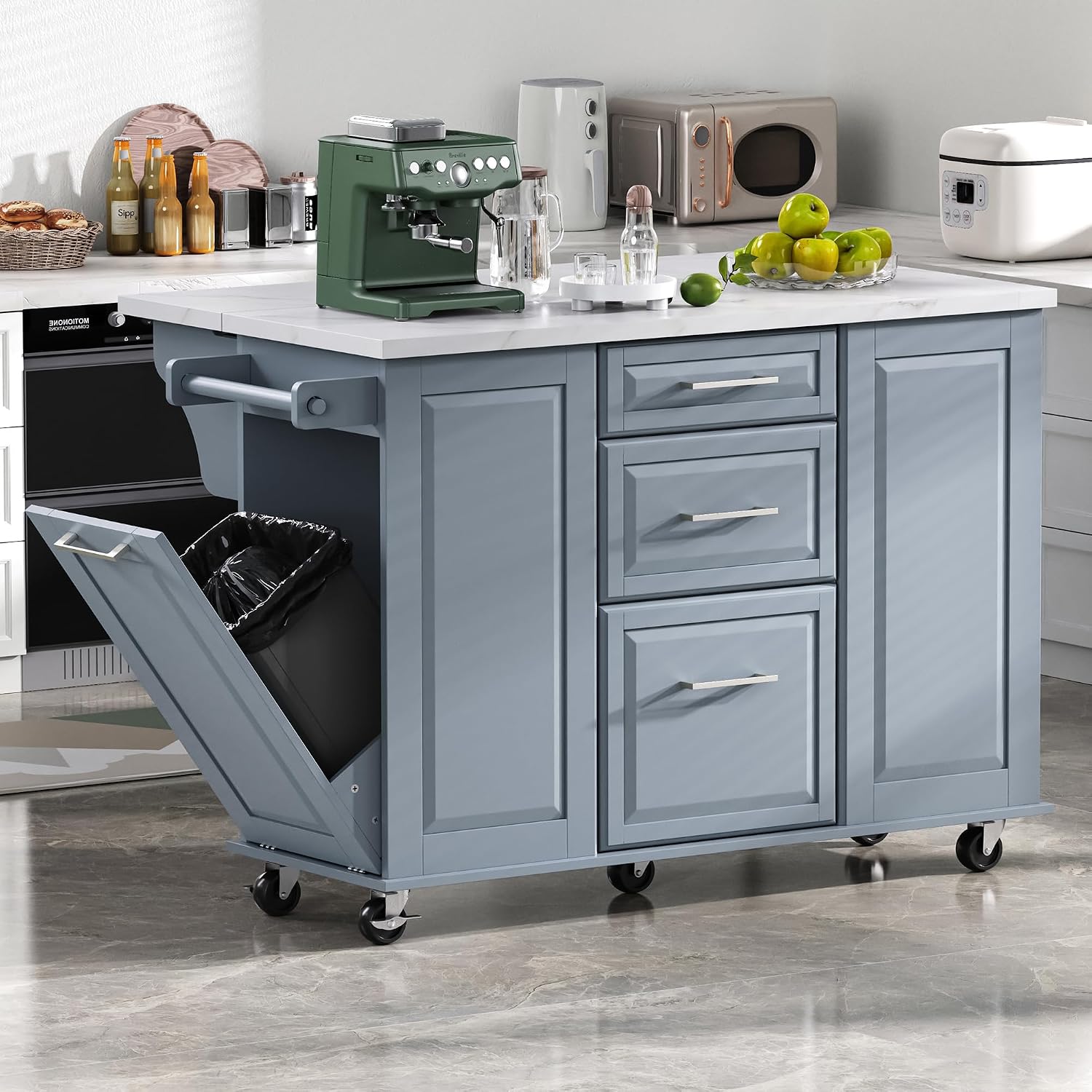 Merax 50.7" Kitchen Island with Storage Tilt Trash Can Cabinet and Pull Out Cabinet Organizer, Rolling Kitchen Island on 5 Wheels with Drop Leaf, 2 Drawers, 1Door for Dining Room, Grey+Blue
