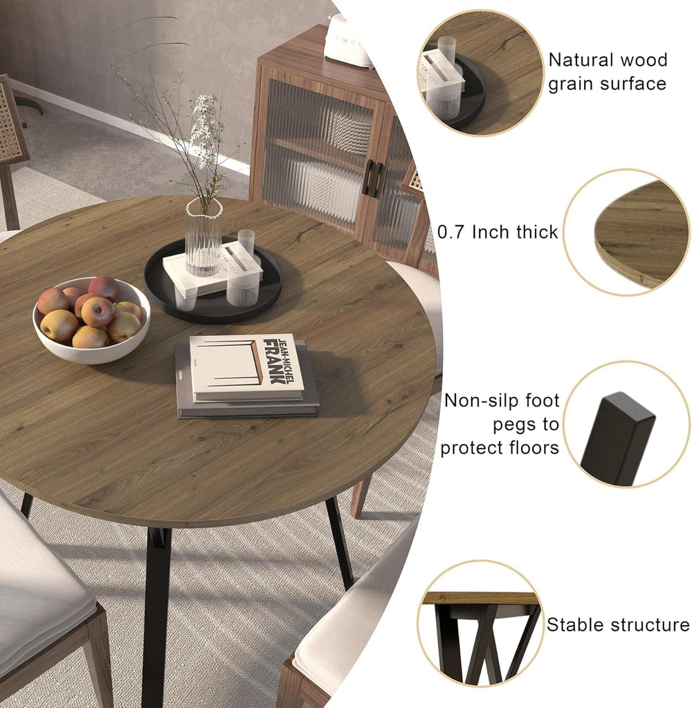 Round Dining Table with Metal Black Legs,35.43 Inch Circle Brown Kitchen Tabl...