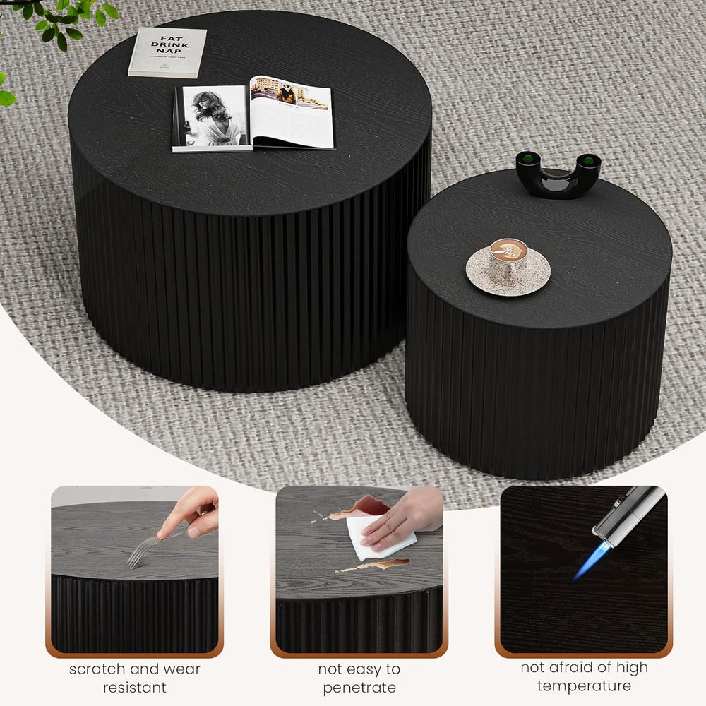 Round Wood Coffee Table Set of 2 Modern Round Fluted Nesting Coffee Tables Ha...