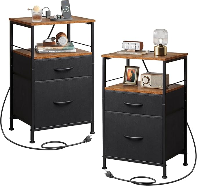 WLIVE Nightstands Set of 2, Night Stand Set 2 with Charging Station, Bedside ...