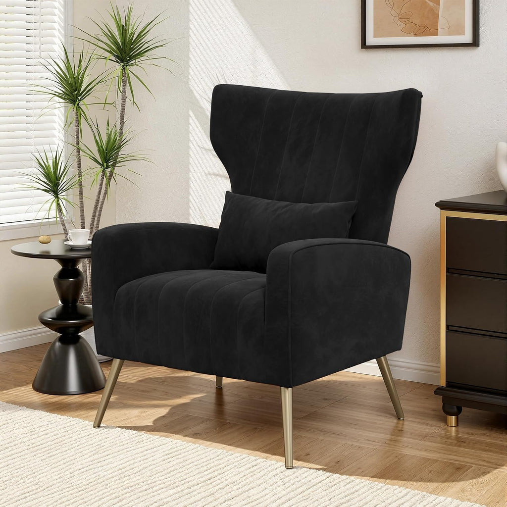 Luxanimarion Velvet Accent Chair Wingback for Living Room, High Back Arm Chair with Golden Legs Lumbar Pillow, Upholstered Single Sofa Bedroom Black