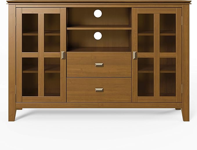 SIMPLIHOME Artisan TV Stand - 53 inch Wide Solid Wood Tall Media Console in Honey Brown, Contemporary Entertainment Center for Living Room for TVs up to 60 Inches with Drawers and Cable Management