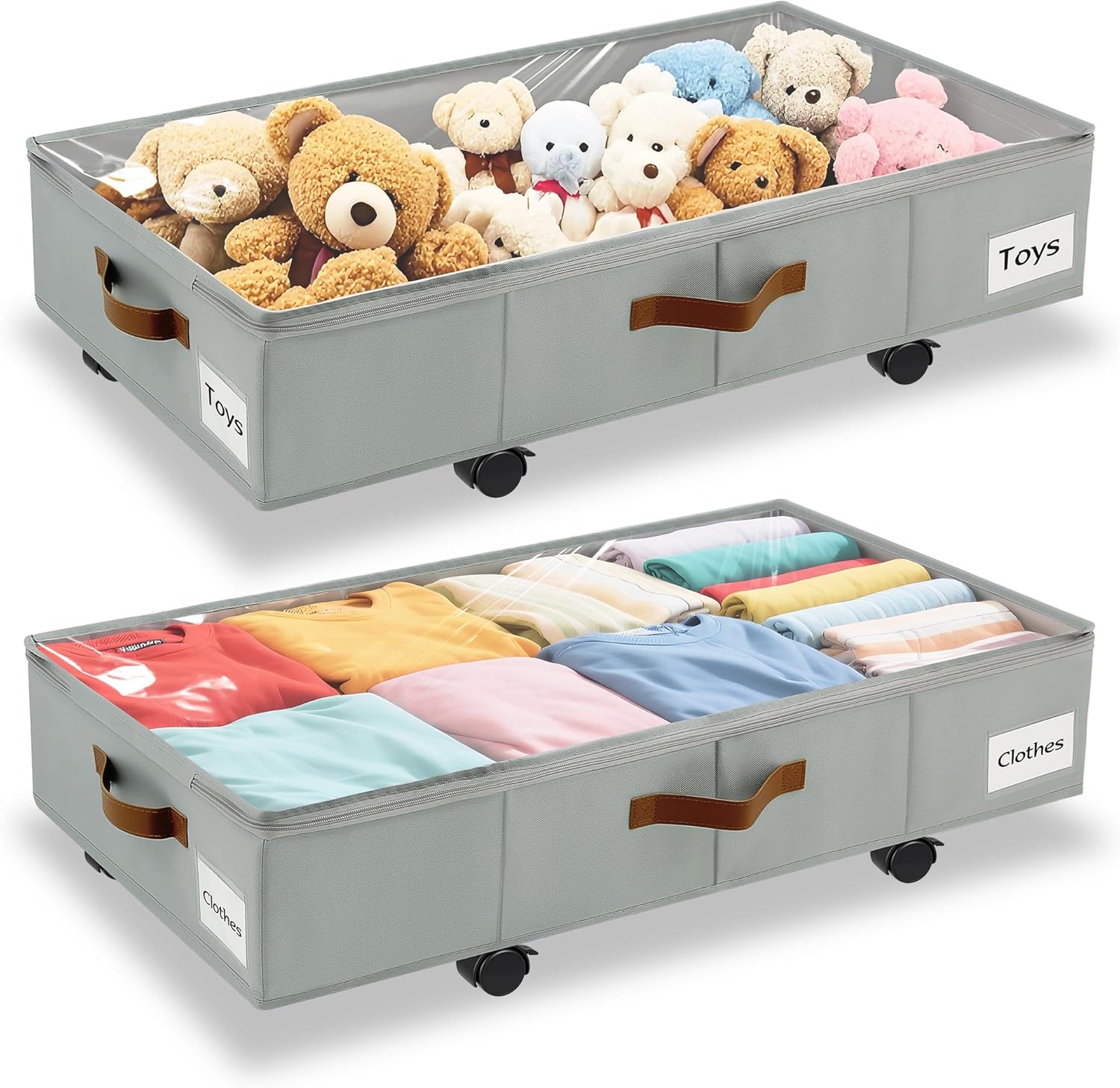 2 Pack Under Bed Storage with Wheels – 30.5×17×5.5 Inch, Underbed Storage with Sturdy Sidewalls/Bottom, Clear Cover, Label and PU Handle, Rolling Under Bed Drawers for Clothes, Shoes, Toys, Blankets