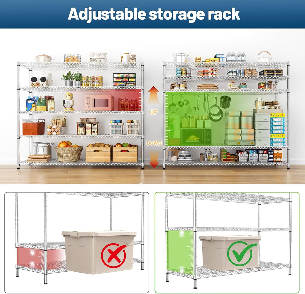 REIBII 55.5" W Storage Shelves 3200LBS Metal Shelving 5 Tier Wire Shelving Garage Shelving Heavy Duty Metal Shelves for Shelving Unit Commercial Adjustable Shelf, 55.5" W X 18''D X 71" H，Chrome