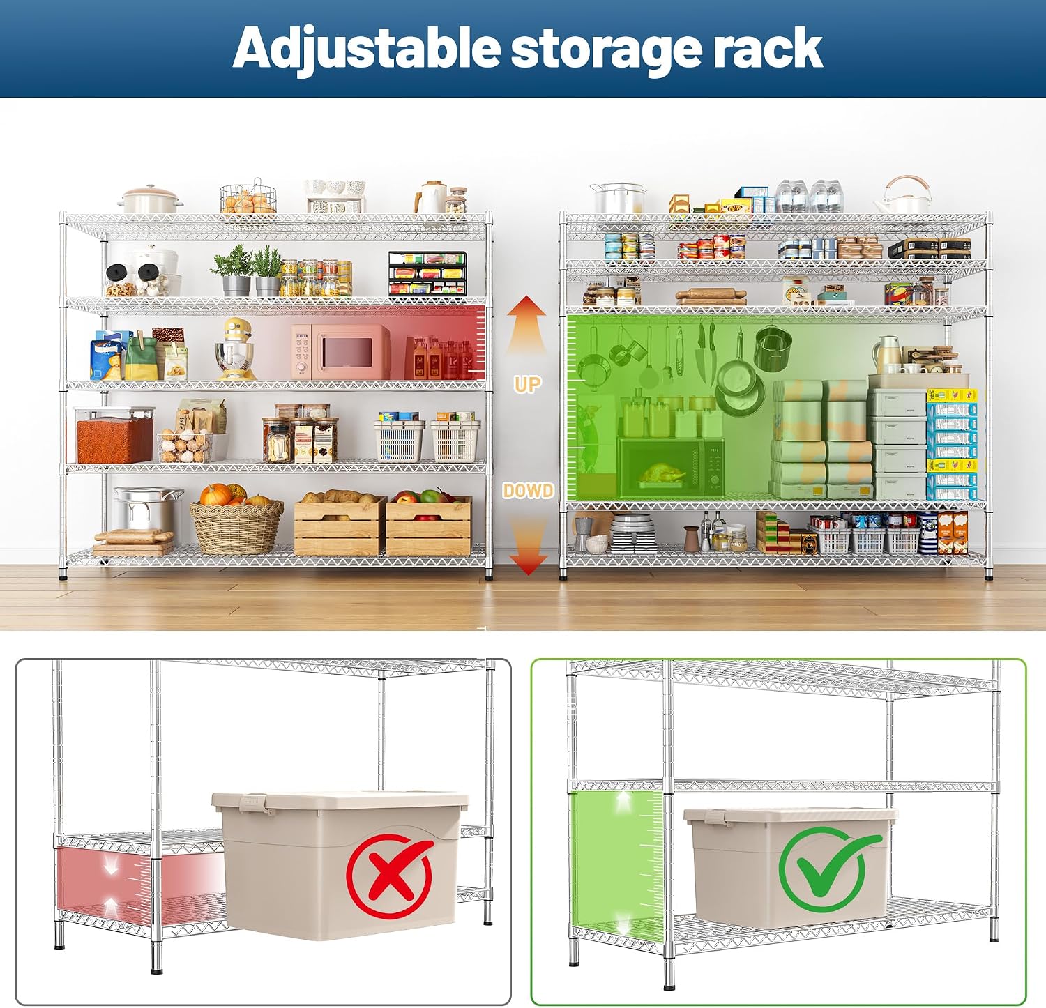 REIBII 55.5" W Storage Shelves 3200LBS Metal Shelving 5 Tier Wire Shelving Garage Shelving Heavy Duty Metal Shelves for Shelving Unit Commercial Adjustable Shelf, 55.5" W X 18''D X 71" H，Chrome