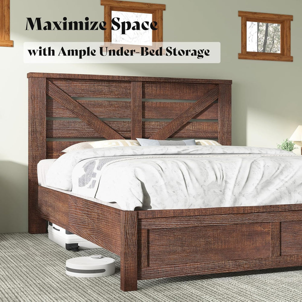 AMERLIFE Farmhouse Queen Size Bed Frame with 49" Barn Door Headboard, Brown