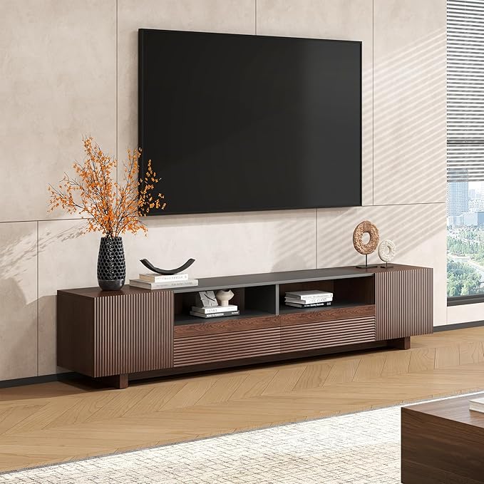 78.8 Inch TV Stand with Storage Cabinets for Living Room, TVs Media Console Entertainment Center with Drawers, Wood Fluted Television Stands with Open Shelves for Bedroom, Dark Brown Walnut