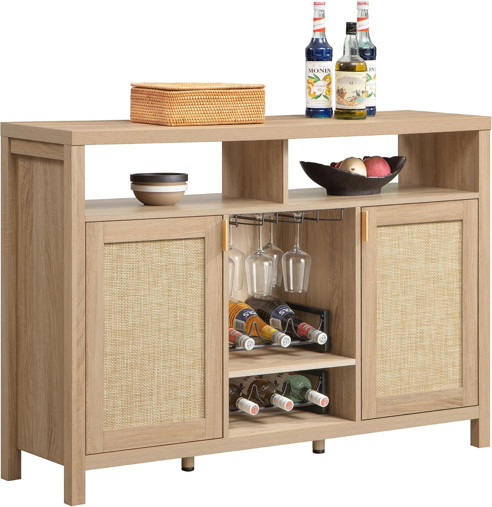 SICOTAS 51" Coffee Bar Cabinet with Storage, Rattan Bar Cart Liquor Cabi...