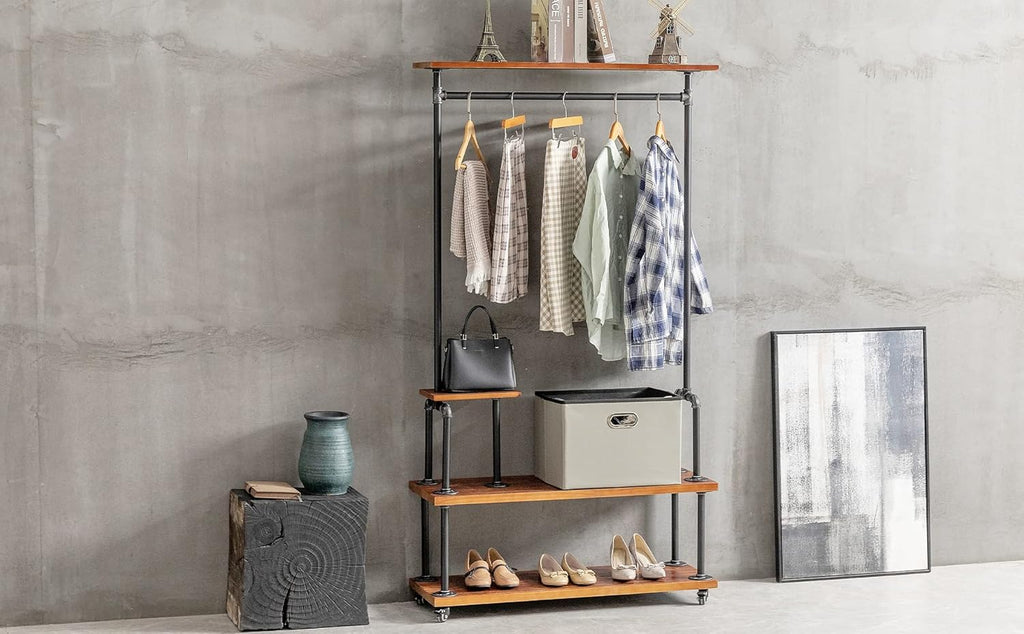 Industrial Clothing Rack, Pipe Style Rolling Garment Rack, Heavy Duty Steampunk Clothes Rack, Hall Tree on Wheels with Shelf and Shoes Storage for Home, Retail Store, Rustic Wood