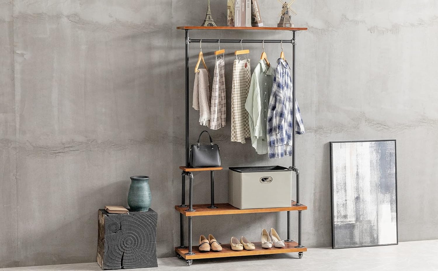 Industrial Clothing Rack, Pipe Style Rolling Garment Rack, Heavy Duty Steampunk Clothes Rack, Hall Tree on Wheels with Shelf and Shoes Storage for Home, Retail Store, Rustic Wood