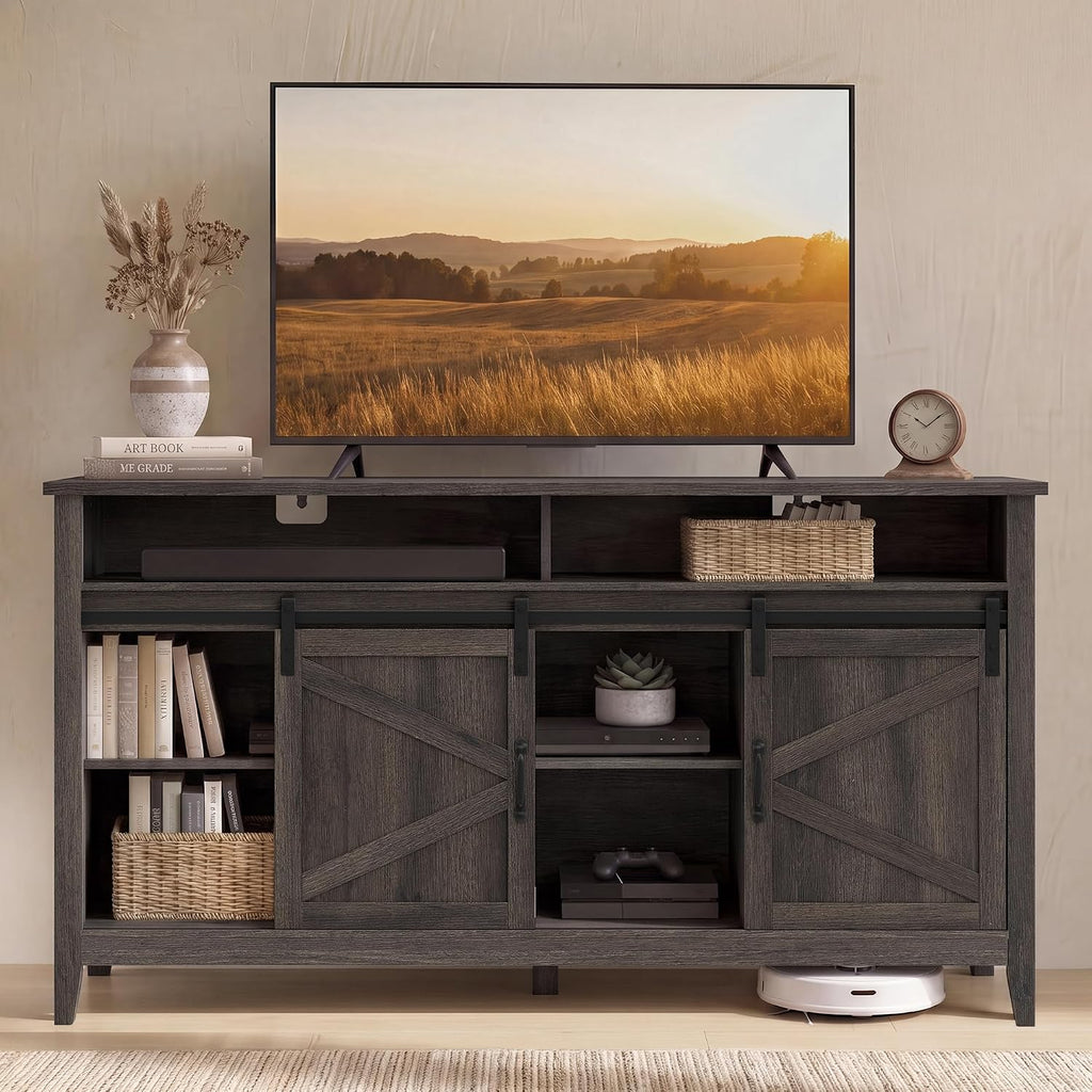 VASAGLE Tall Farmhouse TV Stand, Entertainment Center with Barn Doors, Storage Media Console Cabinet for Living Room, Bedroom, 58.3 x 15.7 x 31.9 Inch, Taupe Brown, LIRY Collection ULTV031T101S
