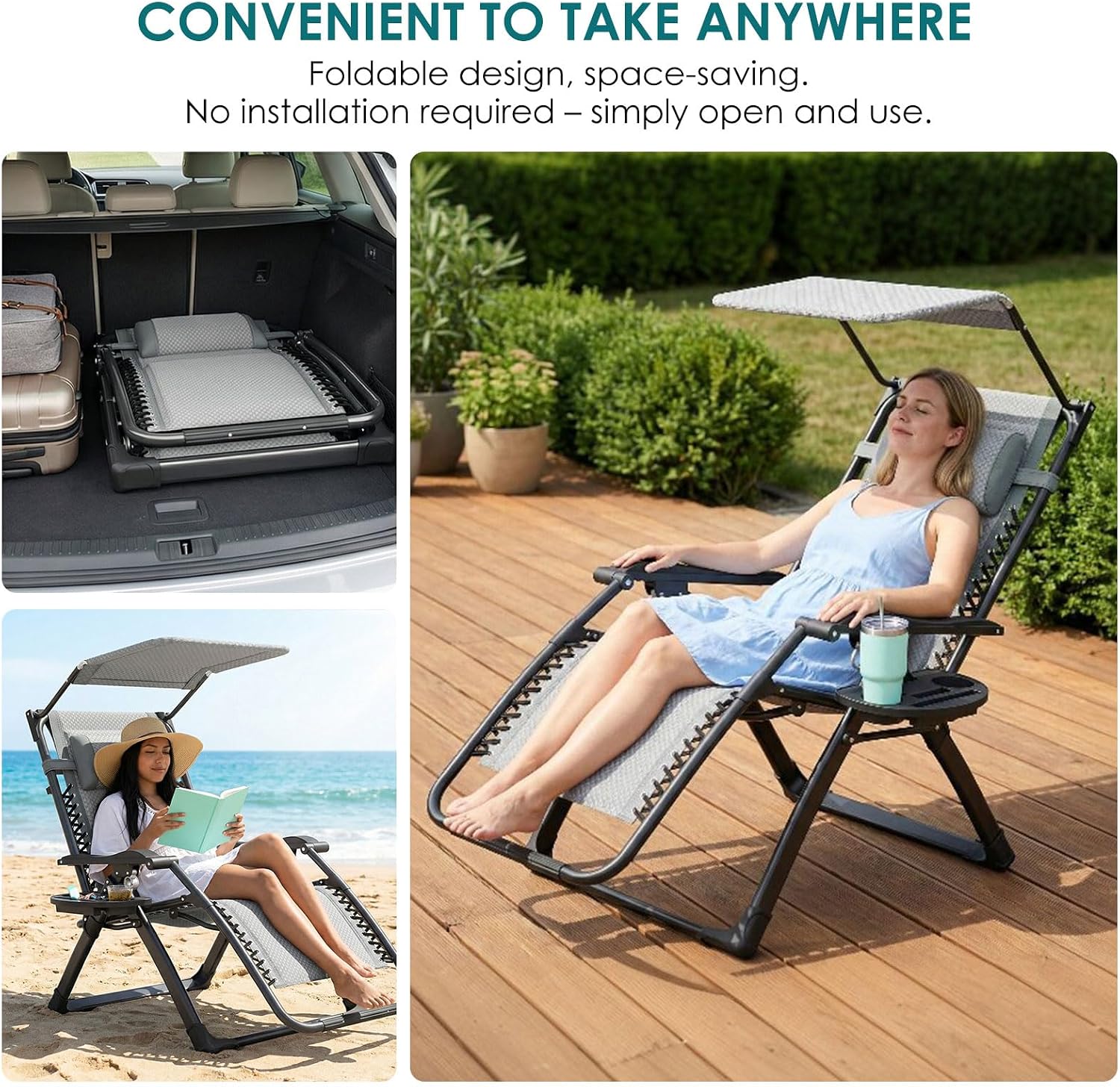 ATORPOK Zero Gravity Chair with Canopy, Folding Patio Recliner 450lbs | Padded Seat & Backrest; Adjustable Reclining Chair; Headrest & Cup Holder; Outdoor Lounge Chair for Patio, Poolside & Beach
