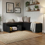 Kikihouse L-Shaped Corner Storage Bench with Cushion, Backless Wood Bench with Hidden Storage, for Dining Nook, Kitchen, Entryway, Cloakroom (White+Walnut (No Cushion))